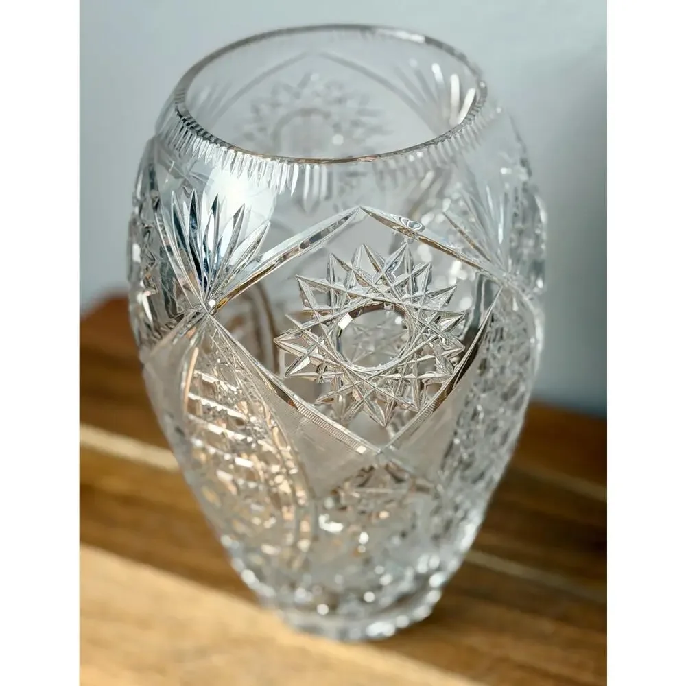 Vintage Hand Cut Crystal Vase, American Brilliant Hobstar Fan Pattern